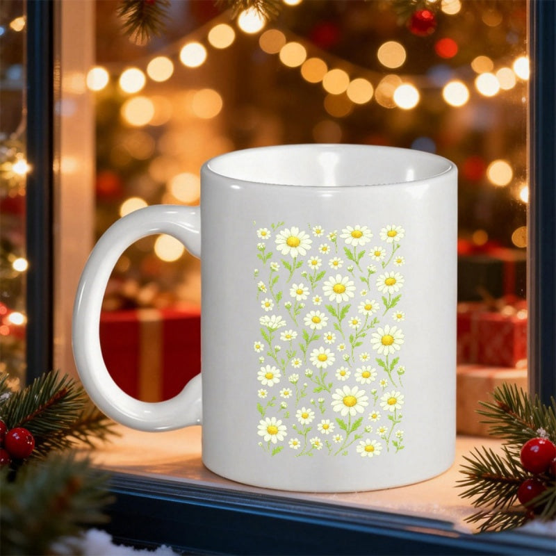 Tailorly White Ceramic 11 oz Mug - Beautiful White Petals Blooming Among Lush Green Leaves And Delicate Stems Daisy