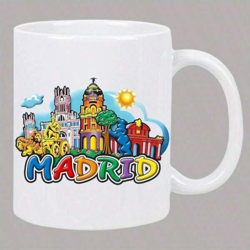 Tailorly White Ceramic 11 oz Mug - Madrid Colorful Cartoon Buildings Shining Under A Bright Yellow Golden Sun Skyline