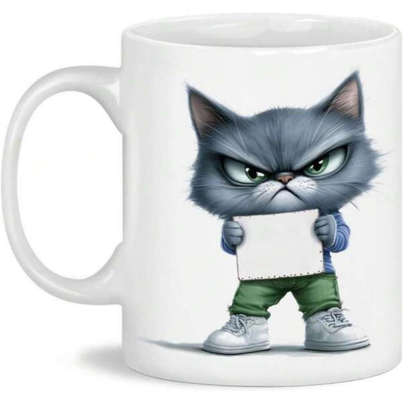 Tailorly White Ceramic 11 oz Mug - Grumpy Grey Cartoon Feline Wearing Sneakers And Holding A White Sign Cat