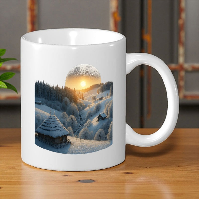 Tailorly White Ceramic 11 oz Mug - Snowy Winter Hills With Cabins Under A Glowing Golden Moon Landscape