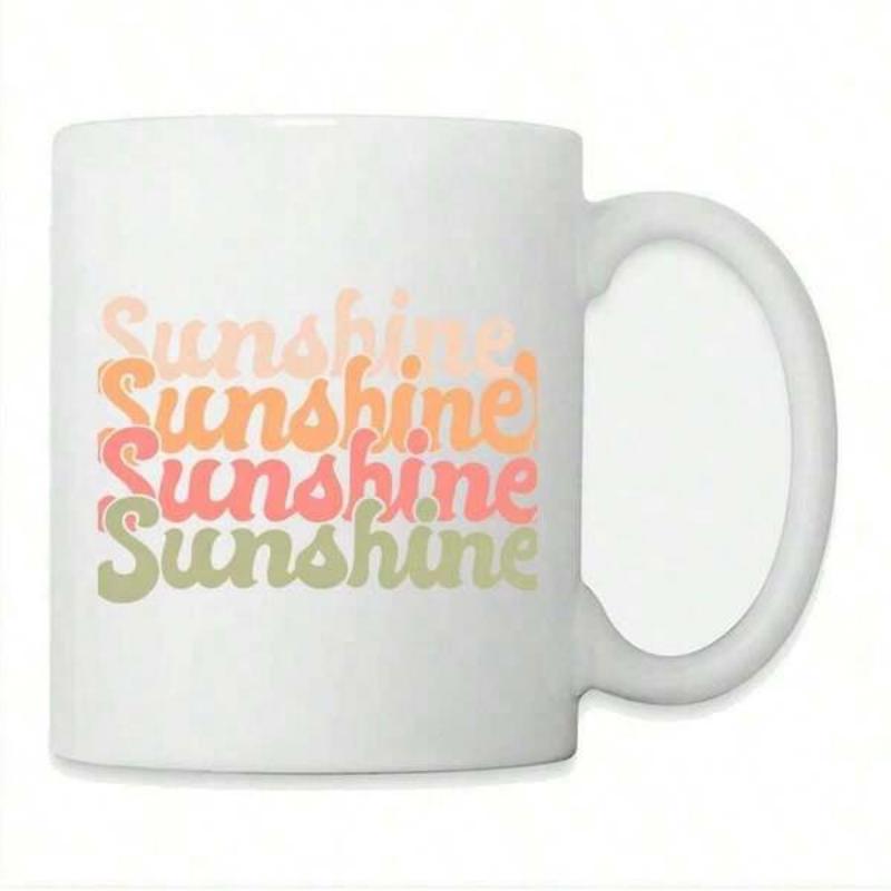 Tailorly White Ceramic 11 oz Mug - Sunshine Retro Groovy Typography Displaying Vibrant Warm Pastel Tones With Repeating Sunshine