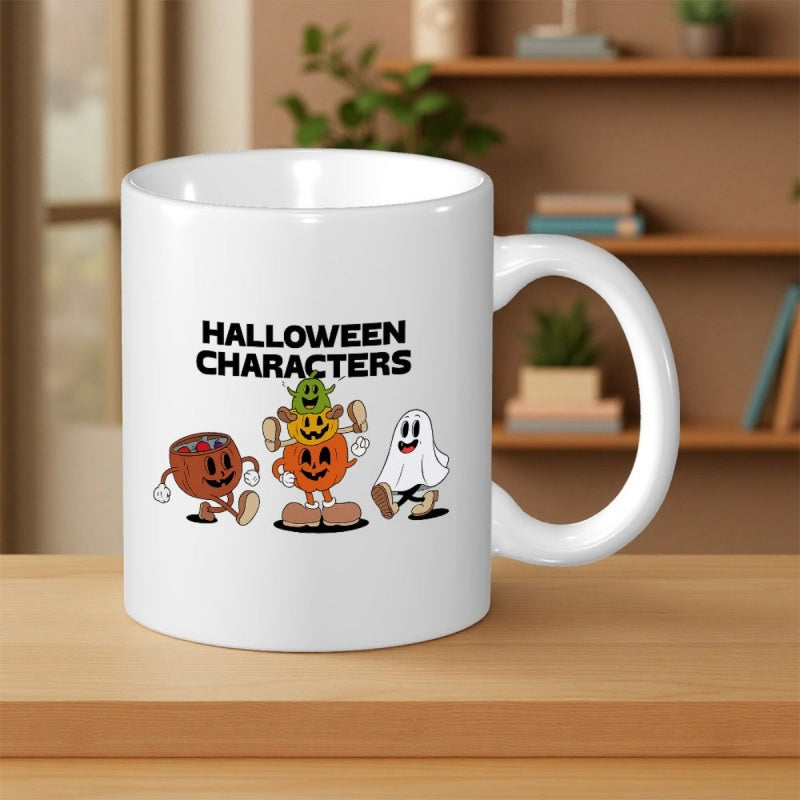 Tailorly White Ceramic 11 oz Mug - Halloween Characters Vintage Spooky Figures Dancing With Jack O Lantern And Friendly Ghost Characters