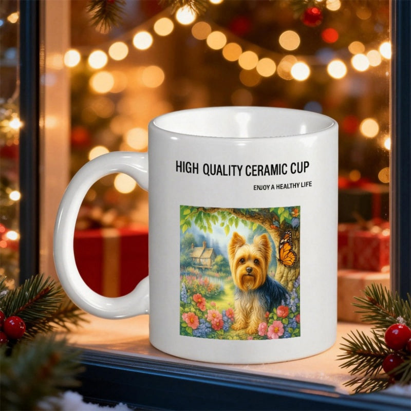 Tailorly White Ceramic 11 oz Mug - High Quality Ceramic Cup Enjoy A Healthy Life Beautiful Fluffy Dog Resting Among Vibrant Flowers Under Warm Sunlight Yorkshire
