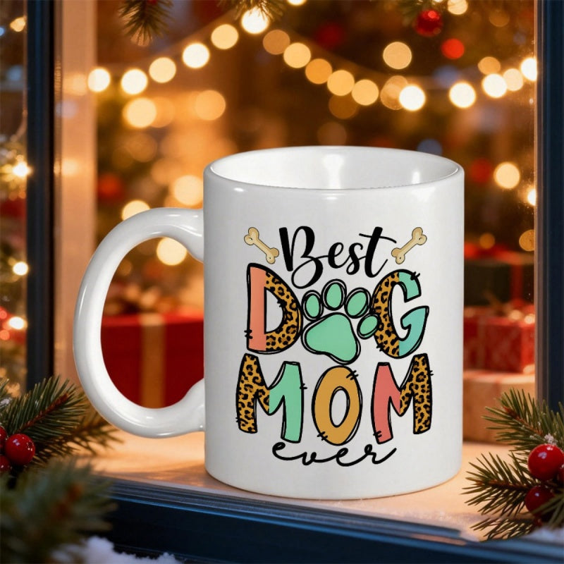 Tailorly White Ceramic 11 oz Mug - Best Dog Mom Ever Colorful Leopard Print Letters With Paw Print And Small Bones Mug