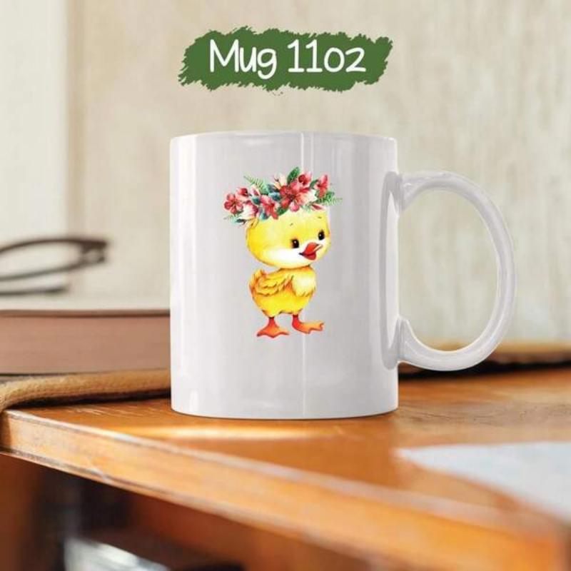 Tailorly White Ceramic 11 oz Mug - Charming Little Yellow Bird Wearing Colorful Spring Flower Crown Chick