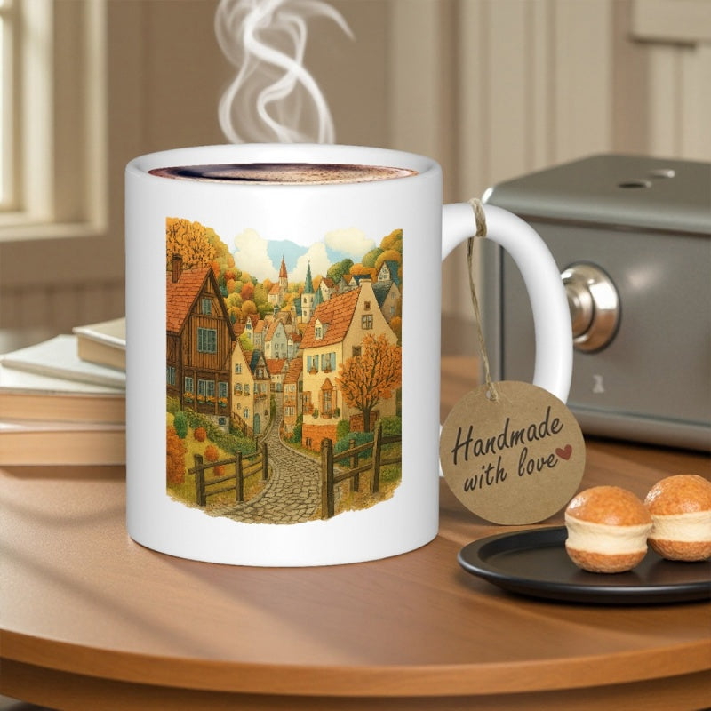 Tailorly White Ceramic 11 oz Mug - Handmade With Love Charming European Houses Nestled Among Vibrant Autumn Trees Within A Picturesque Village