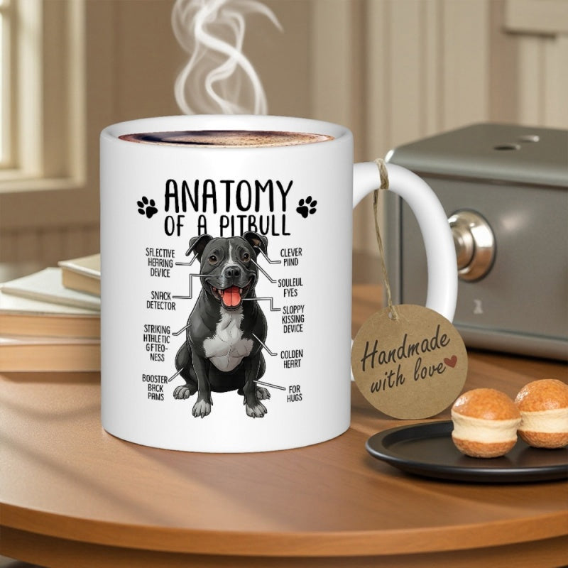 Tailorly White Ceramic 11 oz Mug - Anatomy Of A Pitbull Realistic Black And White Dog Sitting With Humorous Labels Pitbull