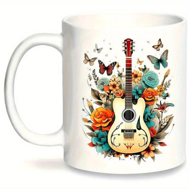 Tailorly White Ceramic 11 oz Mug - Elegant Acoustic Guitar Surrounded By Vibrant Blooming Flowers And Colorful Butterflies Guitar