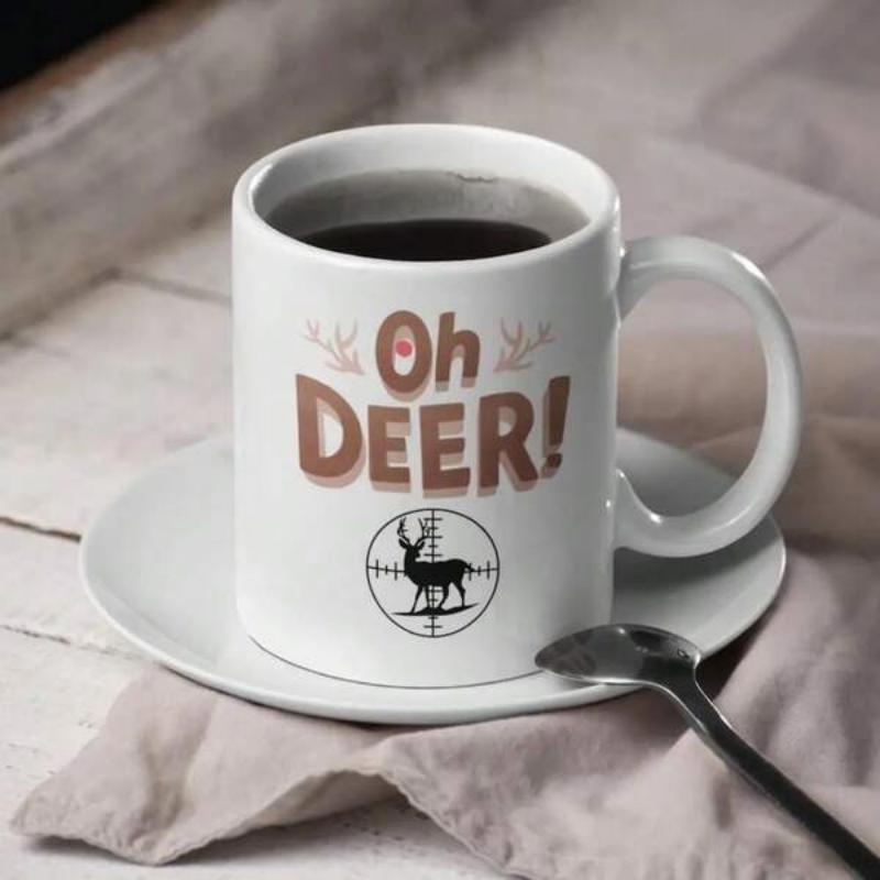 Tailorly White Ceramic 11 oz Mug - Oh Deer Minimalist Hunting Theme With Silhouette Inside A Precise Crosshair Target Deer