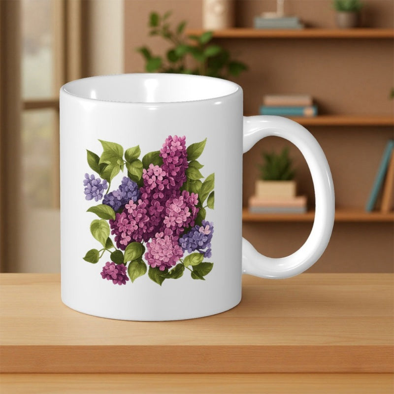 Tailorly White Ceramic 11 oz Mug - Blooming Purple Lilac Bunches Nestled Among Vibrant Green Botanical Leaves Flower