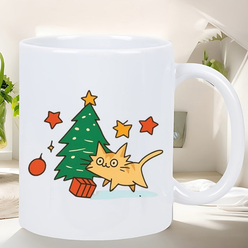 Tailorly White Ceramic 11 oz Mug - Whimsical Orange Kitty Standing Near A Small Decorated Festive Christmas Tree Cat