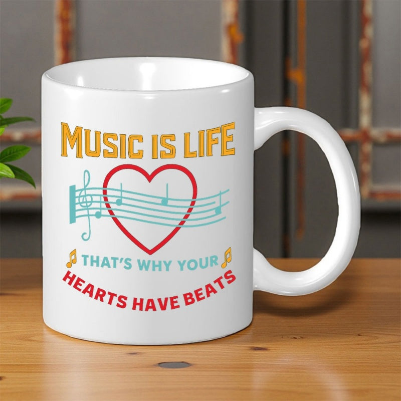 Tailorly White Ceramic 11 oz Mug - Music Is Life That S Why Your Hearts Have Beats Red Heart Shaped Outline Featuring Teal Musical Notes And Treble Clef Heart