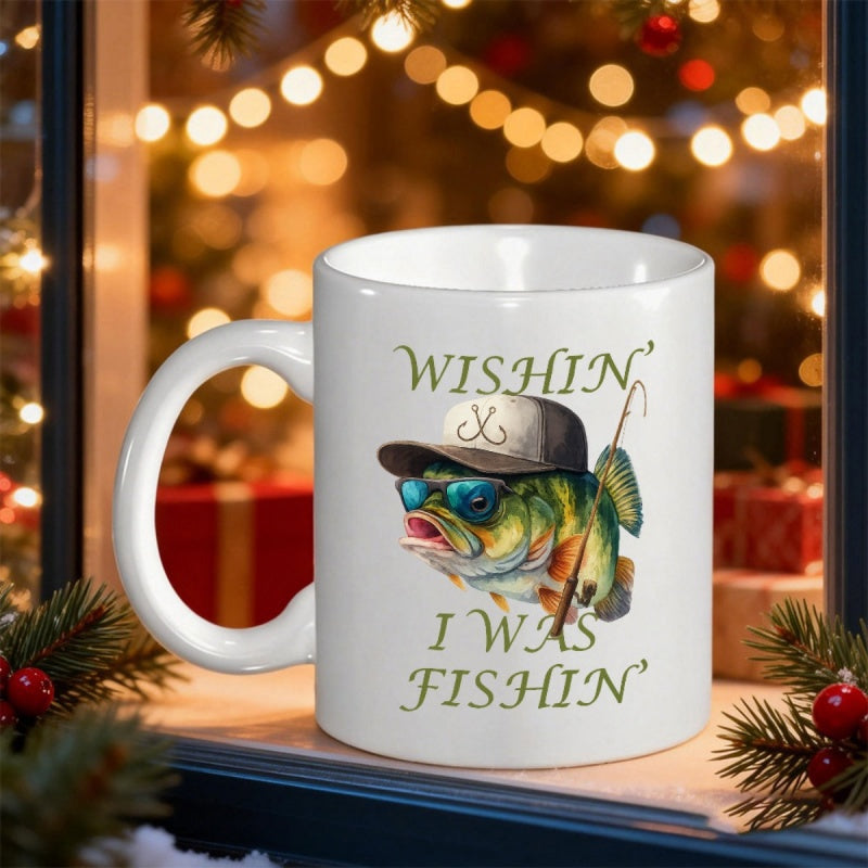 Tailorly White Ceramic 11 oz Mug - Wishin I Was Fishin Cool Cartoon Bass Wearing Sunglasses And Hat Holding A Fishing Rod Fish