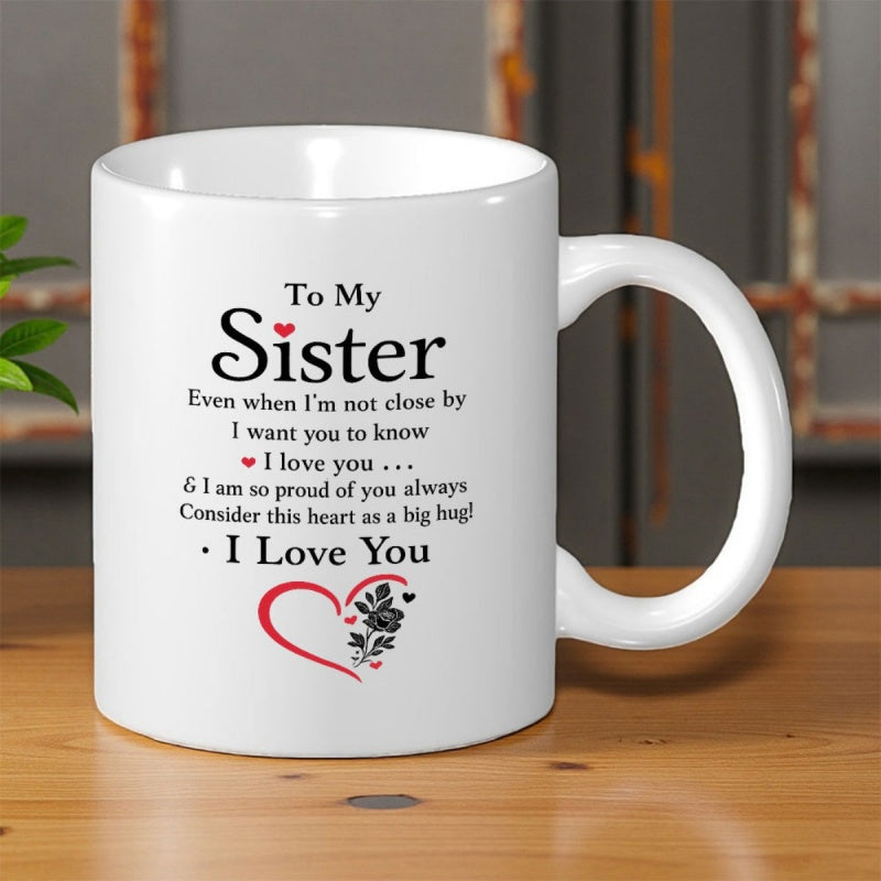 Tailorly White Ceramic 11 oz Mug - To My Sister I Love You Elegant Red Heart Outline Featuring Delicate Black Rose Floral Flourish Mug