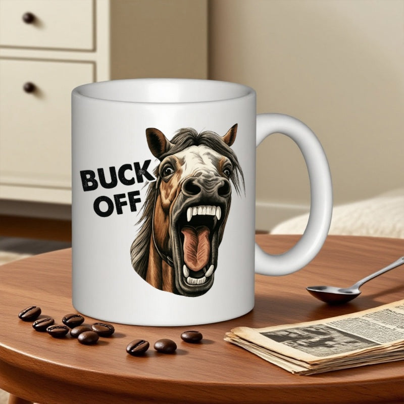 Tailorly White Ceramic 11 oz Mug - Buck Off Brown And White Laughing Horse Head With Mouth Wide Open Horse