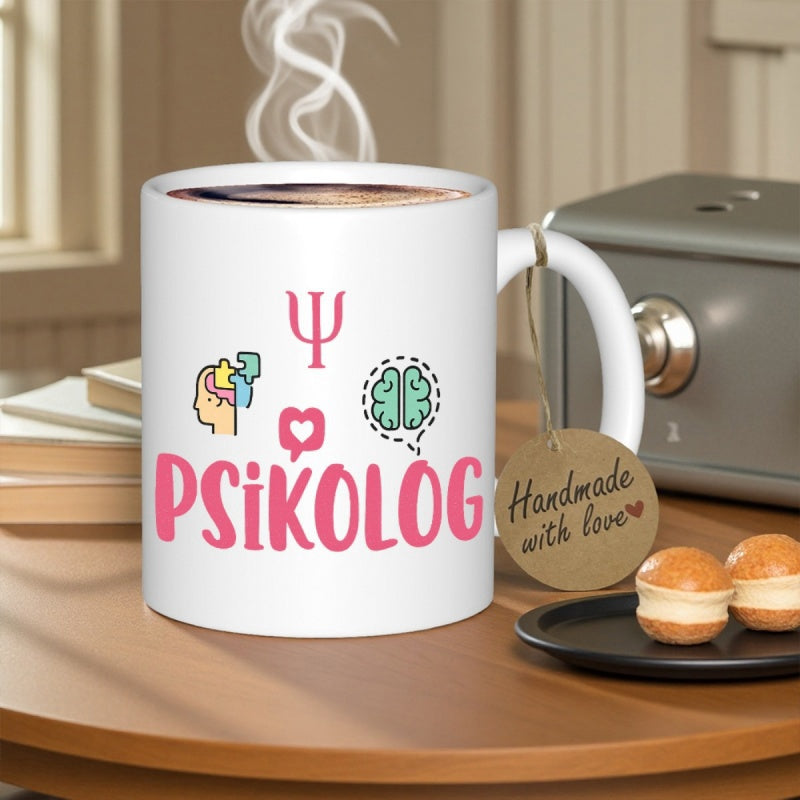 Tailorly White Ceramic 11 oz Mug - Minimalist Mental Health Icons Featuring A Brain And Heart Symbol Psychology