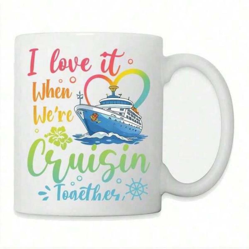 Tailorly White Ceramic 11 oz Mug - I Love It When Were Cruisin Together Grand Blue Cruise Ship Sailing Over Ocean Waves Under Rainbow Heart Ship