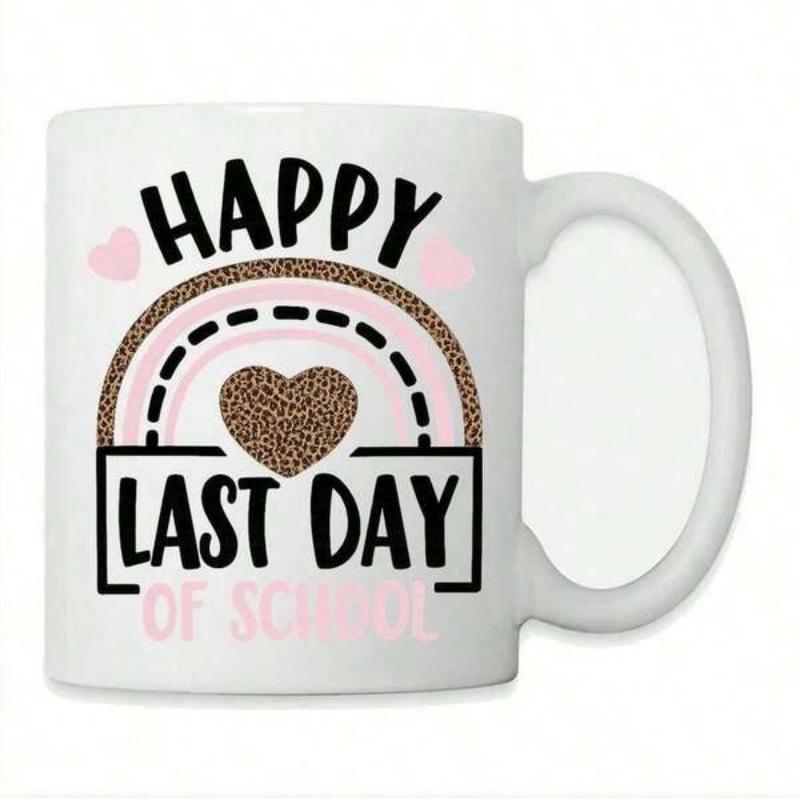 Tailorly White Ceramic 11 oz Mug - Happy Last Day Of School Leopard Print Pattern Heart And Colorful Arching Design Rainbow