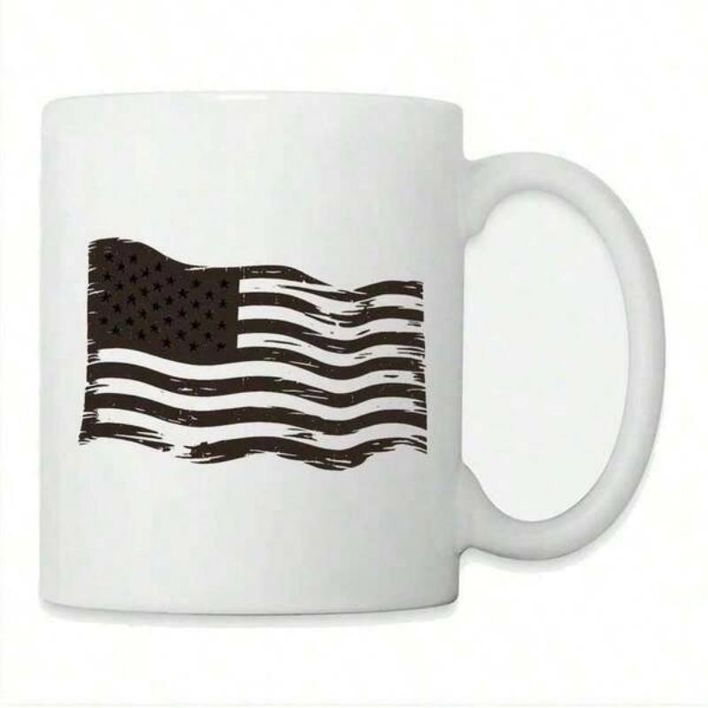 Tailorly White Ceramic 11 oz Mug - Rustic Distressed Monochrome Waving Patriotic Stars And Stripes Themed American Flag