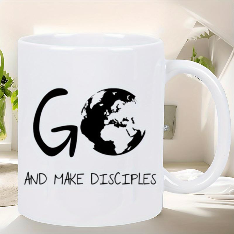 Tailorly White Ceramic 11 oz Mug - Go And Make Disciples Minimalist Black Ink Silhouette Of Earth Floating Among Inspiring Typography Globe