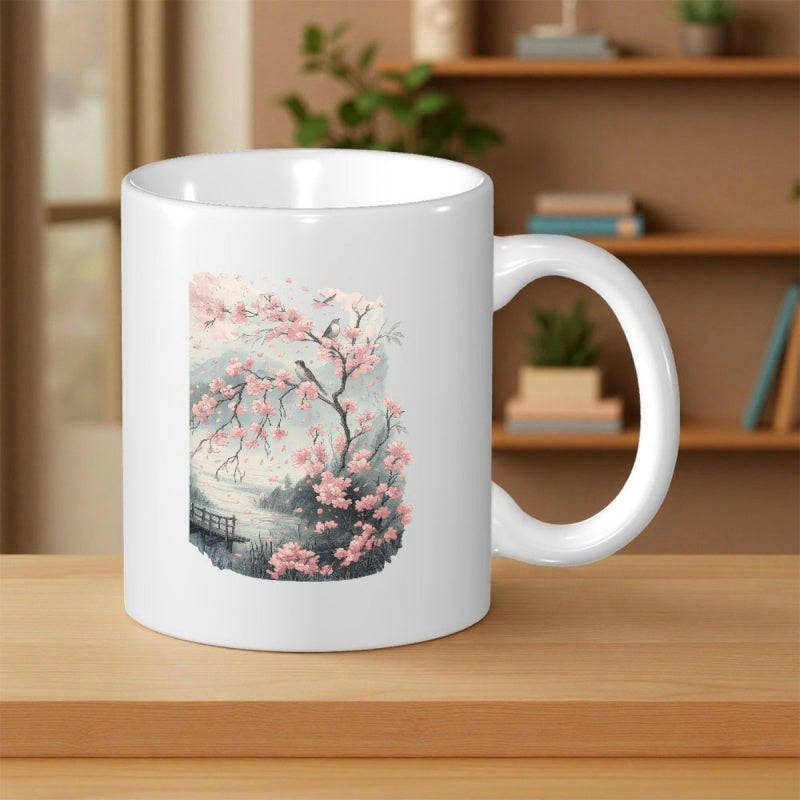 Tailorly White Ceramic 11 oz Mug - Elegant Pink Sakura Blossoms Overlooking A Serene Lake And Small Wooden Bridge Tree