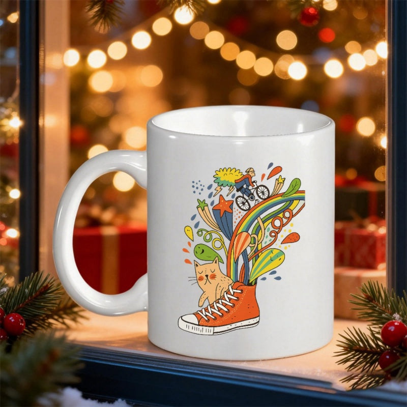 Tailorly White Ceramic 11 oz Mug - Vibrant Whimsical Doodle Explosion Featuring A Ginger Cat Inside A Sneaker