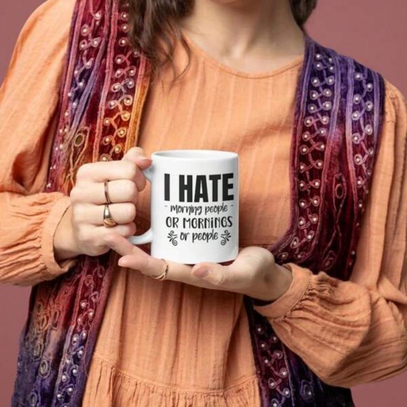 Tailorly White Ceramic 11 oz Mug - I Hate Morning People Or Mornings Or People Minimalist Bold Typography Featuring Small Wheat Sprigs Mug