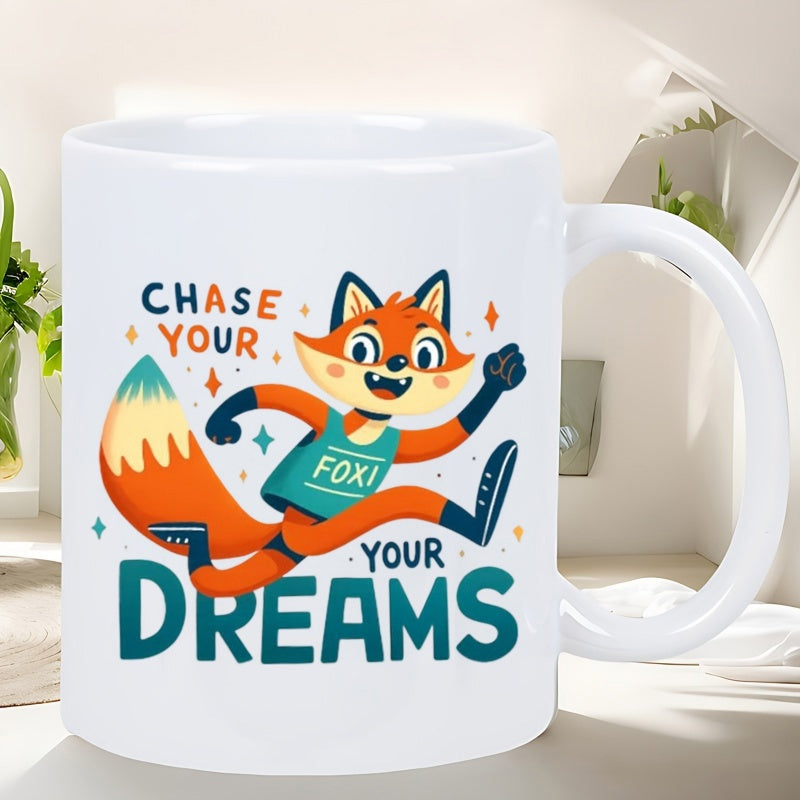 Tailorly White Ceramic 11 oz Mug - Chase Your Your Dreams Foxi Energetic Cartoon Fox Running Happily On A Clean White Background Fox