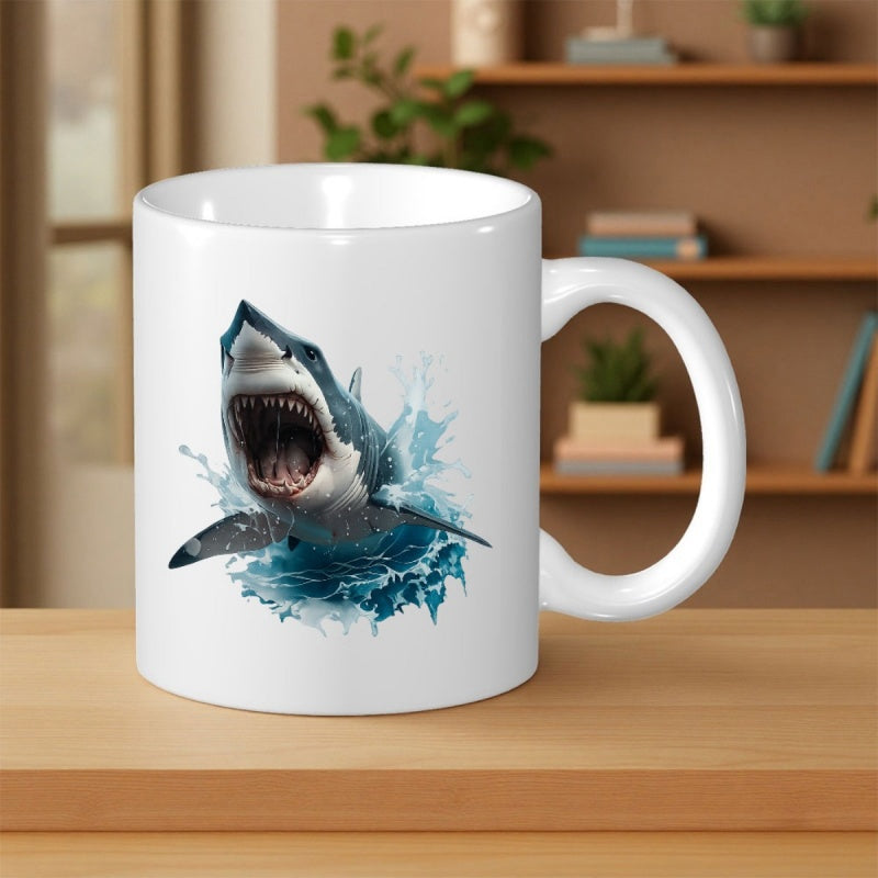 Tailorly White Ceramic 11 oz Mug - Powerful Great White Breach Among Splashing Ocean Waves And Crashing Water Shark