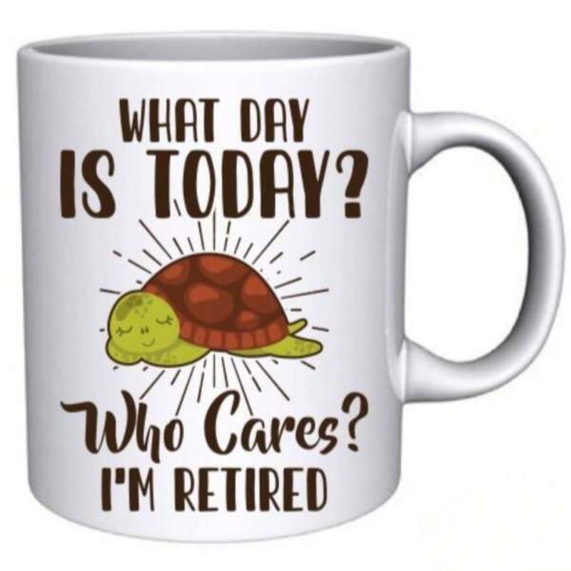 Tailorly White Ceramic 11 oz Mug - What Day Is Today Who Cares I'm Retired Resting Cartoon Sea Turtle With Brown Shell Among Radiant Decorative Sunburst Lines