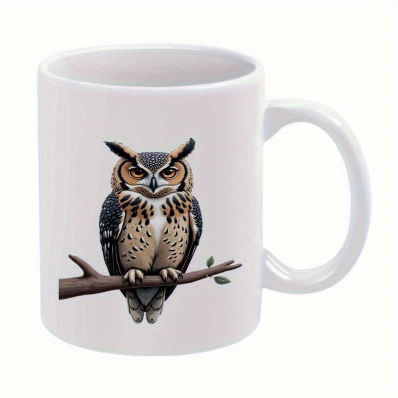 Tailorly White Ceramic 11 oz Mug - Majestic Great Horned Owl Perched Gracefully On A Thin Wooden Branch Owl