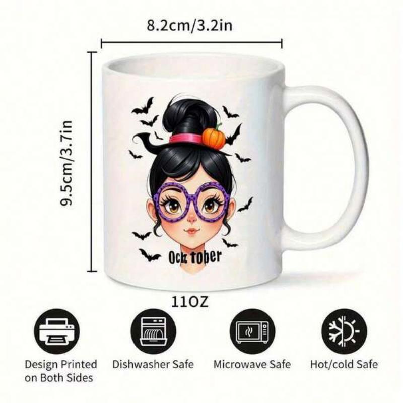 Tailorly White Ceramic 11 oz Mug - October Cute Character Wearing Purple Glasses And Small Witch Hat Among Bats Girl