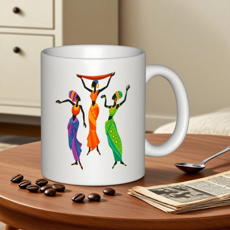 Tailorly White Ceramic 11 oz Mug - Vibrant Traditional African Women Wearing Colorful Garments Dancing In Graceful Movement Dancers