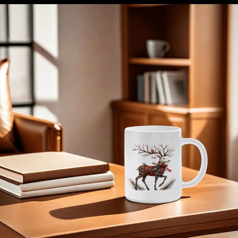 Tailorly White Ceramic 11 oz Mug - Majestic Reindeer With Large Antlers Wearing A Decorative Red Scarf Reindeer