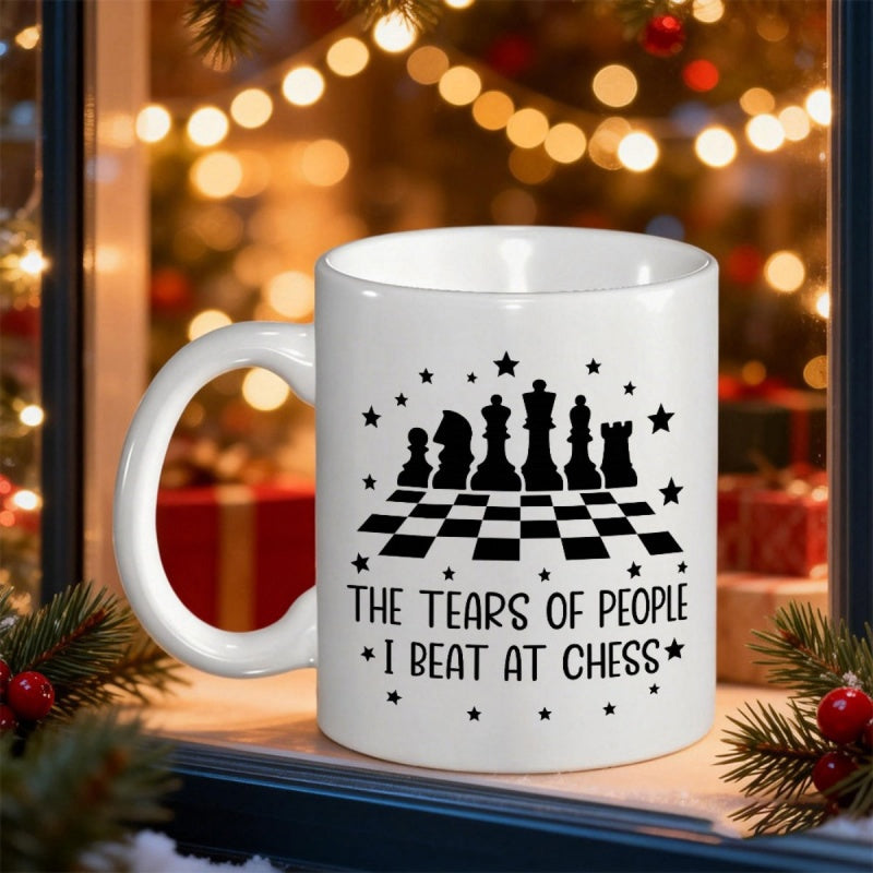 Tailorly White Ceramic 11 oz Mug - The Tears Of People I Beat At Chess Classic Black Silhouetted Pieces Standing On Checked Surface Chessboard