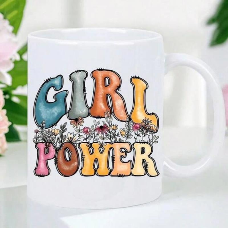 Tailorly White Ceramic 11 oz Mug - Girl Power Colorful Retro Bubble Letters Surrounded By Delicate Botanical Wildflower Garden Sign