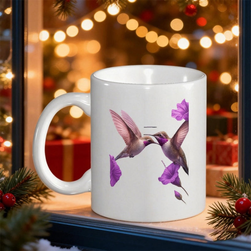 Tailorly White Ceramic 11 oz Mug - Elegant Tiny Hummingbirds Fluttering Wings Near Delicate Purple Flower Petals Hummingbird