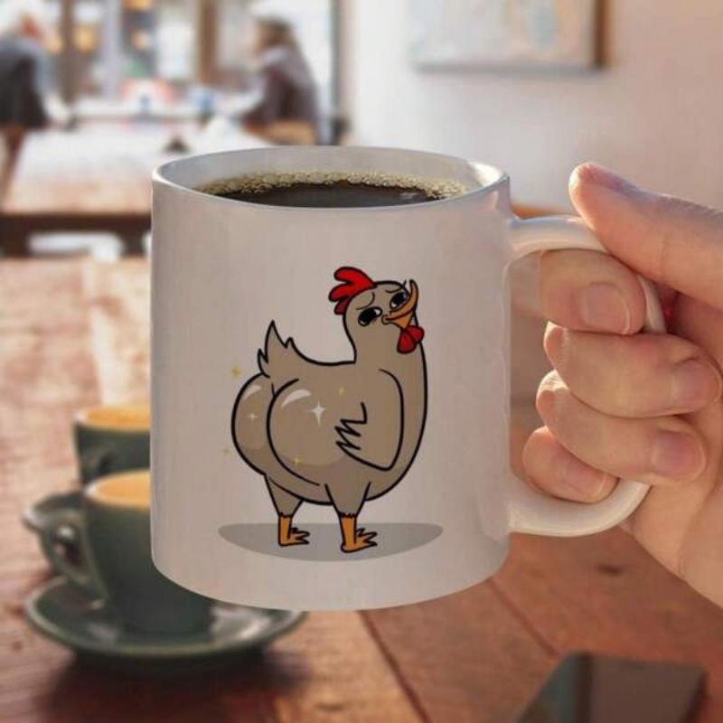 Tailorly White Ceramic 11 oz Mug - Funny Cartoon Hen With Large Round Tail Feathers And Playful Expression Chicken