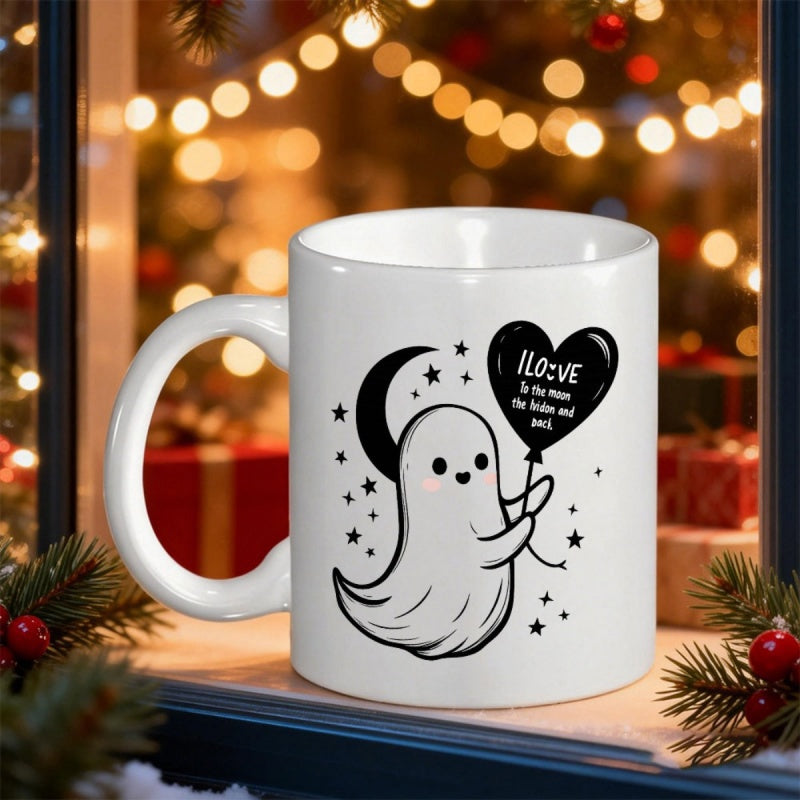 Tailorly White Ceramic 11 oz Mug - I Love To The Moon And Back Adorable Cartoon Spirit Holding Heart Balloon Among Stars Ghost