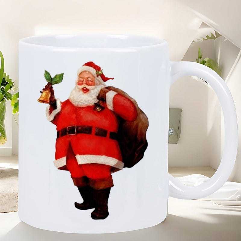 Tailorly White Ceramic 11 oz Mug - Vintage Jolly Santa Claus Carrying Sack And Ringing Golden Bell Festive Santa Claus
