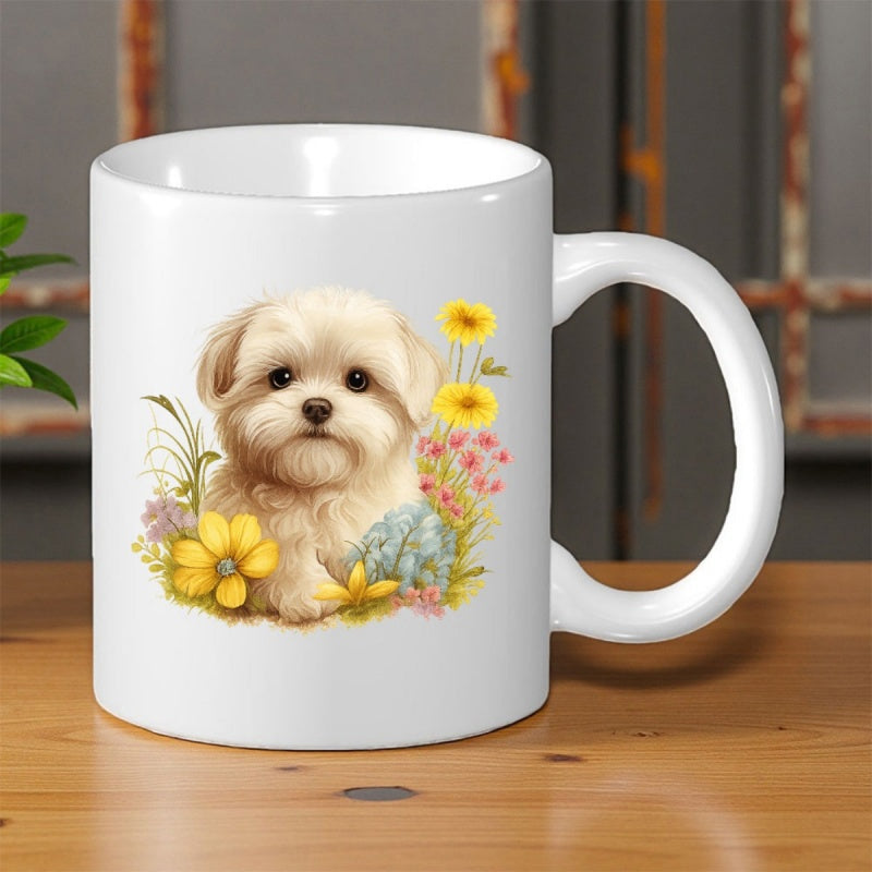 Tailorly White Ceramic 11 oz Mug - Adorable Fluffy Little Pet Sitting Among Bright Colorful Garden Spring Flowers Puppy