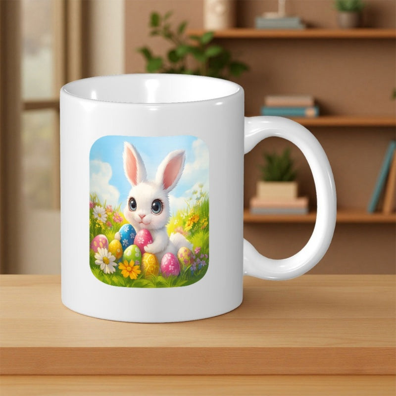 Tailorly White Ceramic 11 oz Mug - Adorable White Bunny Resting In Spring Meadow With Colorful Painted Easter Eggs Rabbit