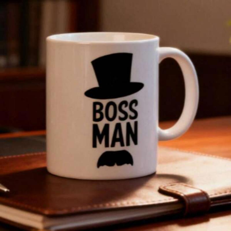 Tailorly White Ceramic 11 oz Mug - Boss Man Classic Black Top Hat Above Bold Letters With A Thick Groomed Stylish Mustache Mug