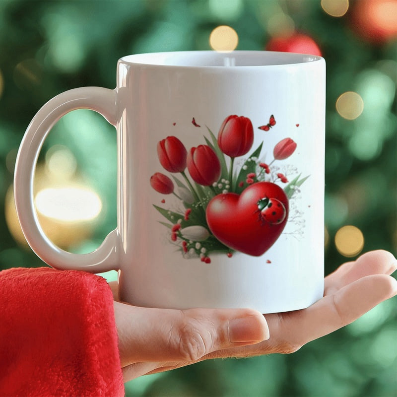 Tailorly White Ceramic 11 oz Mug - Vibrant Red Tulips Blooming With Green Leaves And A Small Ladybug Heart