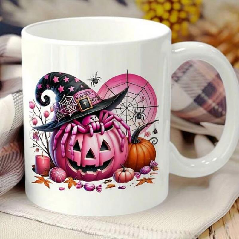 Tailorly White Ceramic 11 oz Mug - Pink Jack O Lantern Wearing Starry Black Witch Hat With Spiders Pumpkin