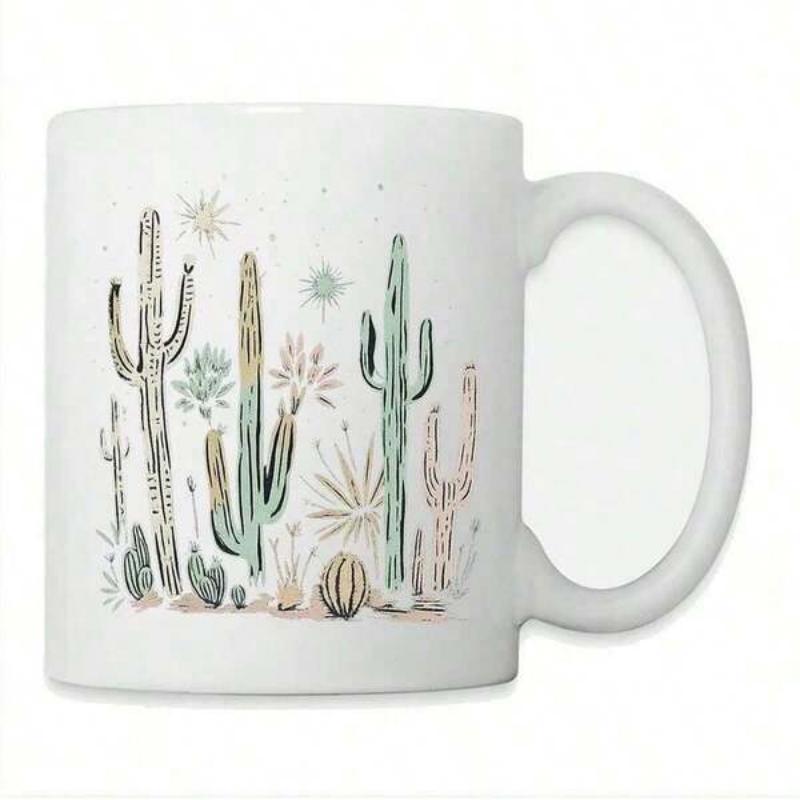 Tailorly White Ceramic 11 oz Mug - Various Desert Plants Growing Under Small Stars In Watercolor Style Cactus