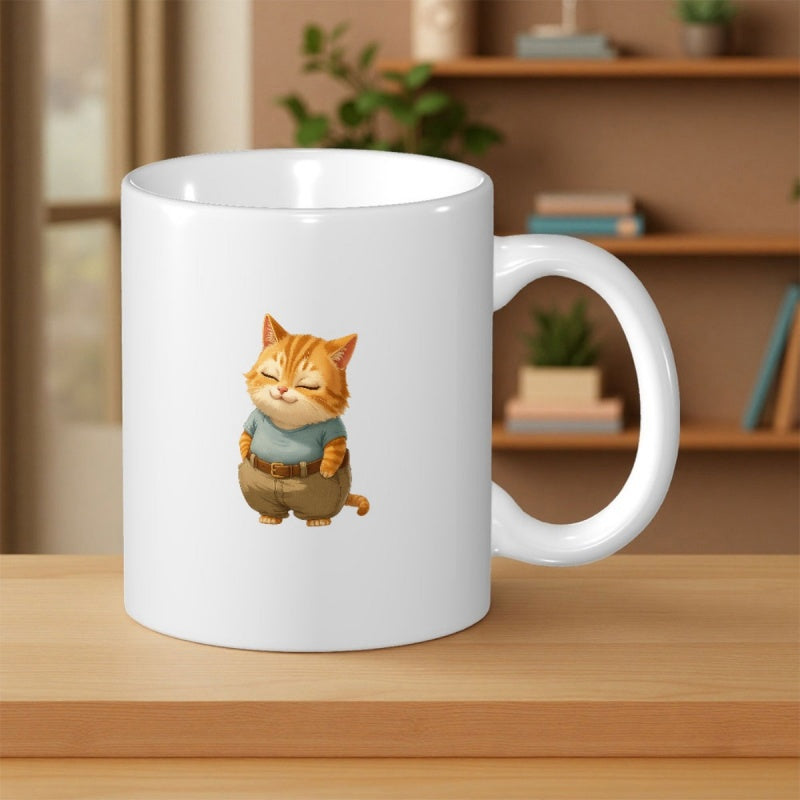 Tailorly White Ceramic 11 oz Mug - Adorable Ginger Tabby Wearing Blue Shirt And Trousers Standing Cat