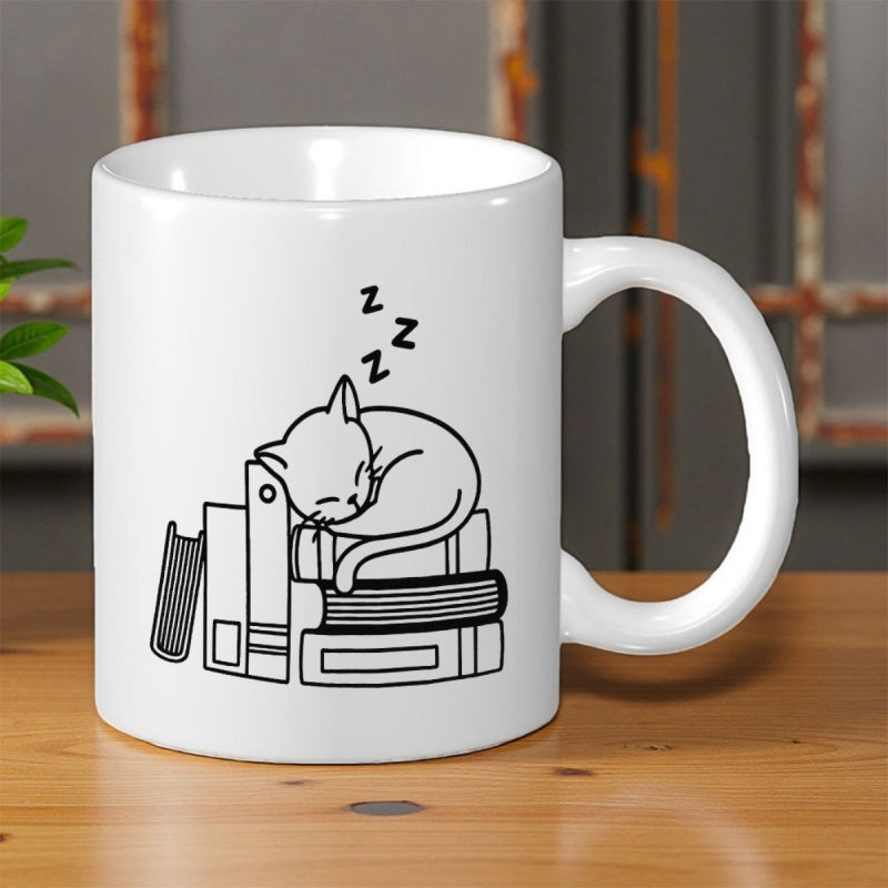Tailorly White Ceramic 11 oz Mug - Minimalist Line Art Sleeping Cat Resting Peacefully Atop Stacked Vintage Literature Books Cat