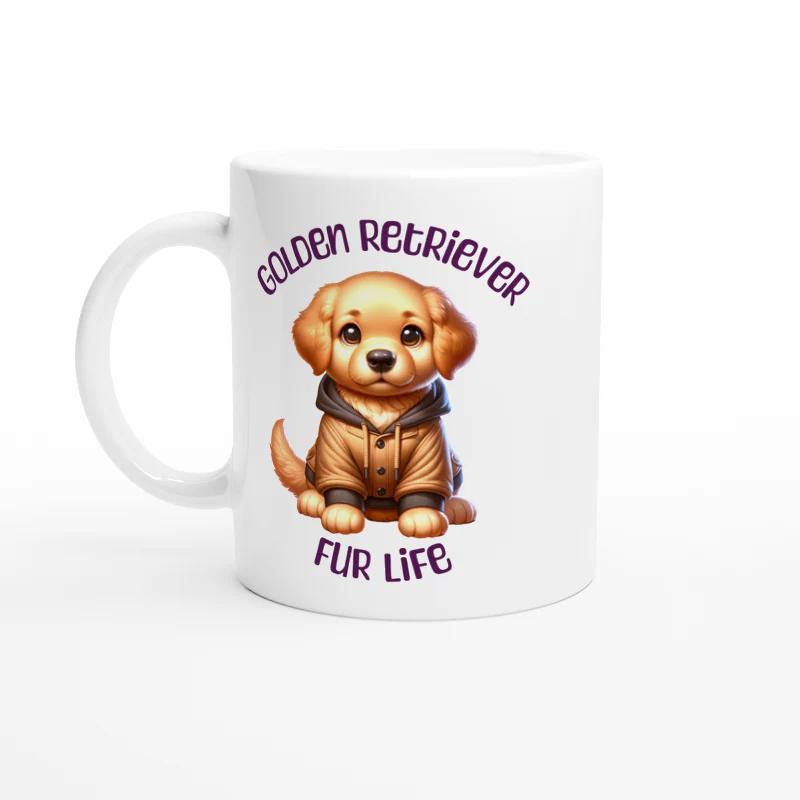 Tailorly White Ceramic 11 oz Mug - Golden Retriever Fur Life Adorable Cartoon Puppy Wearing A Stylish Small Brown Hoodie Jacket Dog