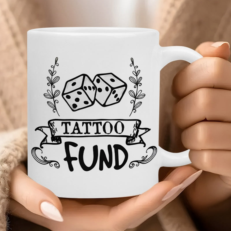 Tailorly White Ceramic 11 oz Mug - Tattoo Fund Vintage Style Gaming Cubes Flanked By Artistic Hand Drawn Leafy Branches Dice